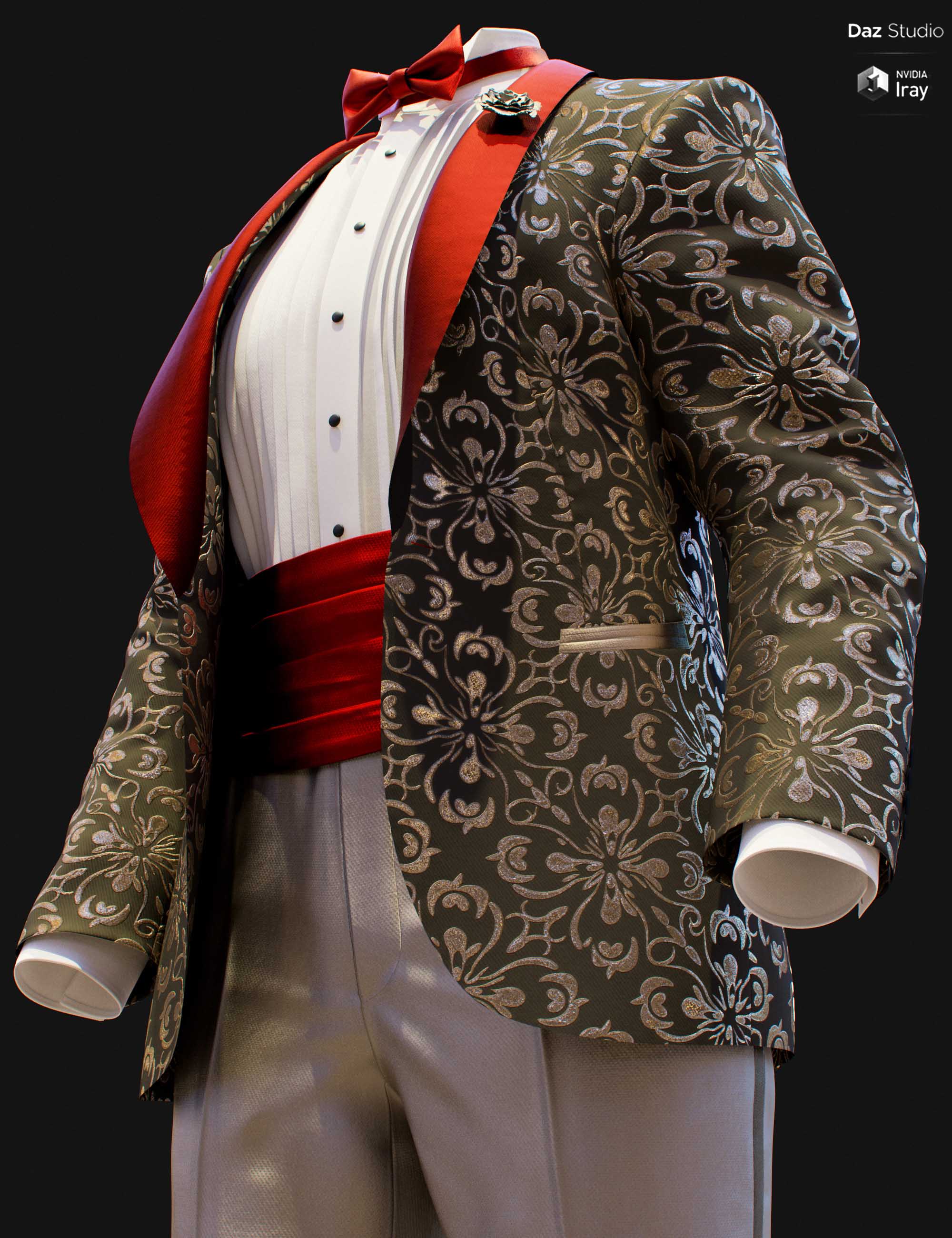Full body Genesis 9 male tuxedo texture add-on preview with bronze floral jacket, red lapels, and light formal pants