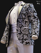 Full body Genesis 9 male tuxedo texture add-on preview with black and silver ornate jacket and white formal pants