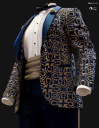 Full body Genesis 9 male tuxedo texture add-on preview with navy and gold ornate jacket and blue formal pants