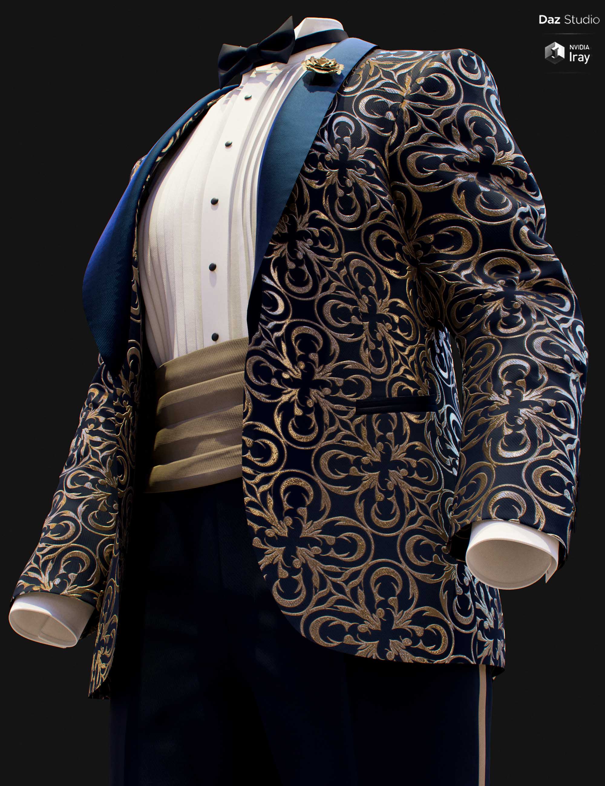Full body Genesis 9 male tuxedo texture add-on preview with navy and gold ornate jacket and blue formal pants