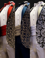 Three Genesis 9 tuxedo texture add-on presets showing red, blue, and silver formal jacket variations