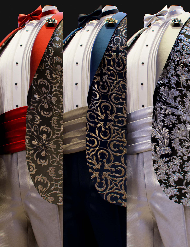 Three Genesis 9 tuxedo texture add-on presets showing red, blue, and silver formal jacket variations