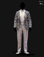 Genesis 9 male tuxedo texture add-on with black and silver floral jacket, white lapels, and silver cummerbund