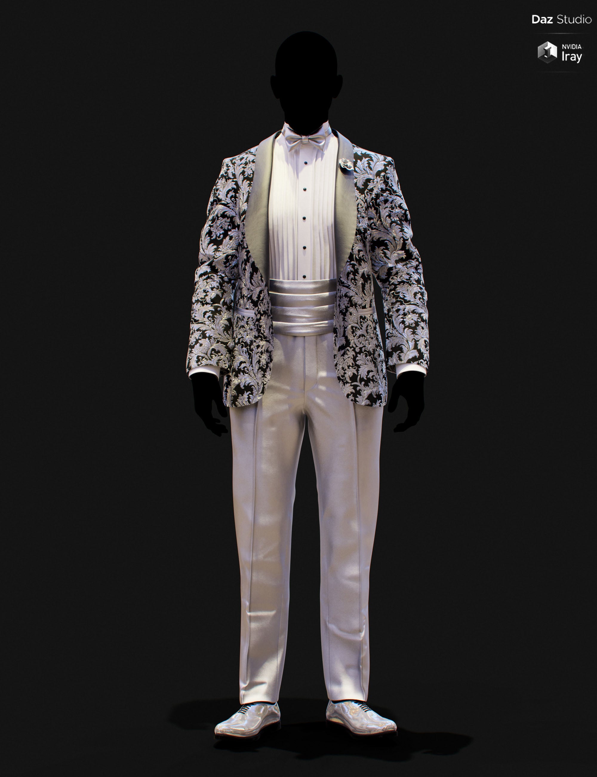 Genesis 9 male tuxedo texture add-on with black and silver floral jacket, white lapels, and silver cummerbund