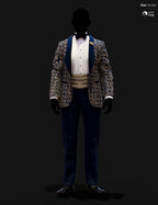 Genesis 9 male tuxedo texture add-on with navy and gold ornate jacket, blue lapels, and gold cummerbund