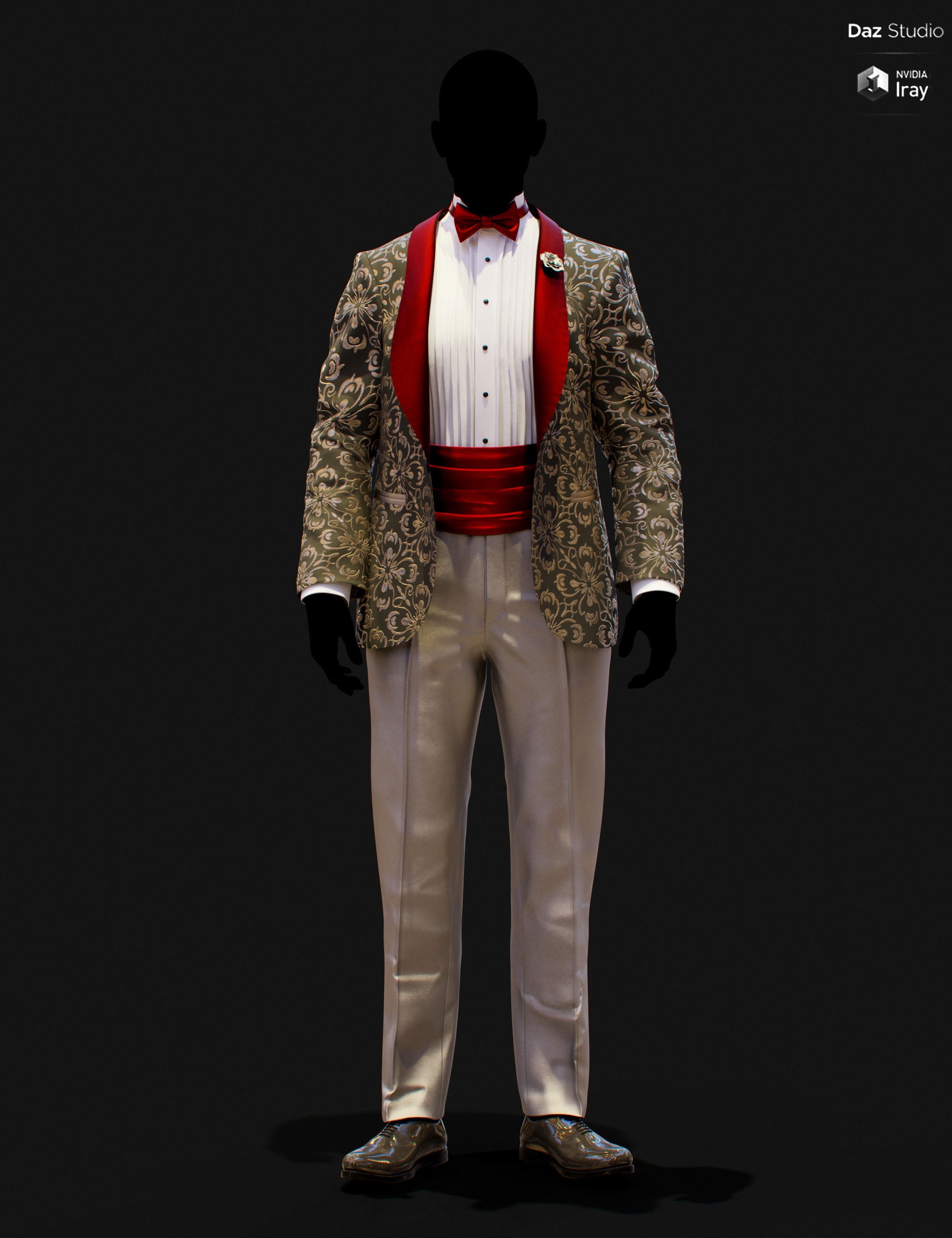 Genesis 9 male tuxedo texture add-on with bronze floral jacket, red lapels, red bow tie, and red cummerbund