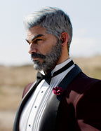 Genesis 9 male character wearing burgundy tuxedo jacket with black satin lapels and bow tie