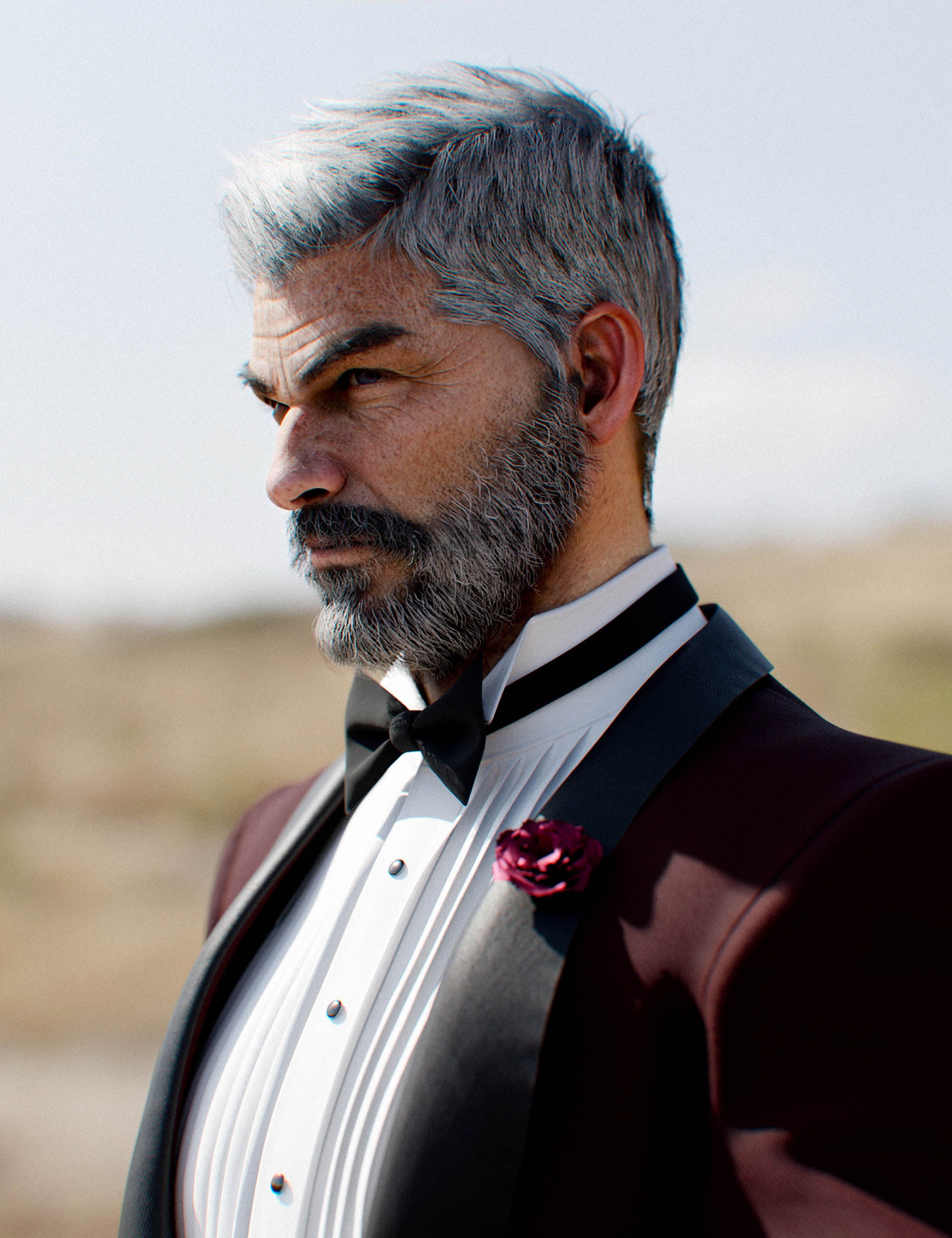 Genesis 9 male character wearing burgundy tuxedo jacket with black satin lapels and bow tie