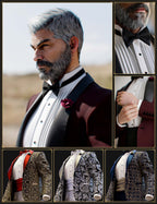 MI Tuxedo for Genesis 9 male promotional collage showing character render, close-up details, and ornate texture add-on presets