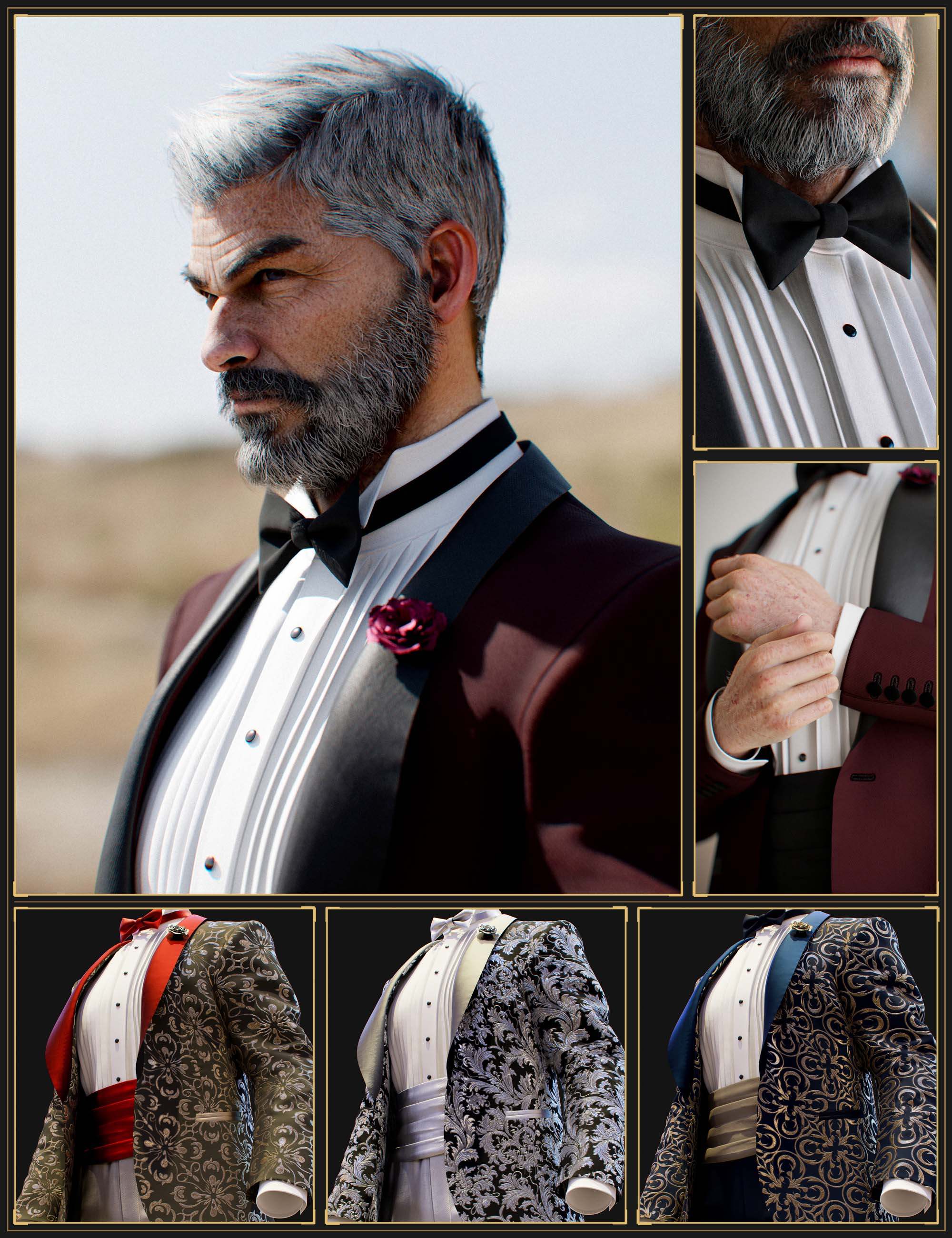 MI Tuxedo for Genesis 9 male promotional collage showing character render, close-up details, and ornate texture add-on presets