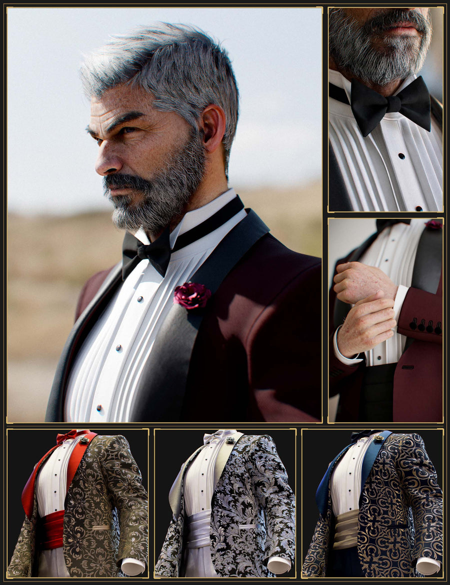 MI Tuxedo for Genesis 9 male promotional collage showing character render, close-up details, and ornate texture add-on presets