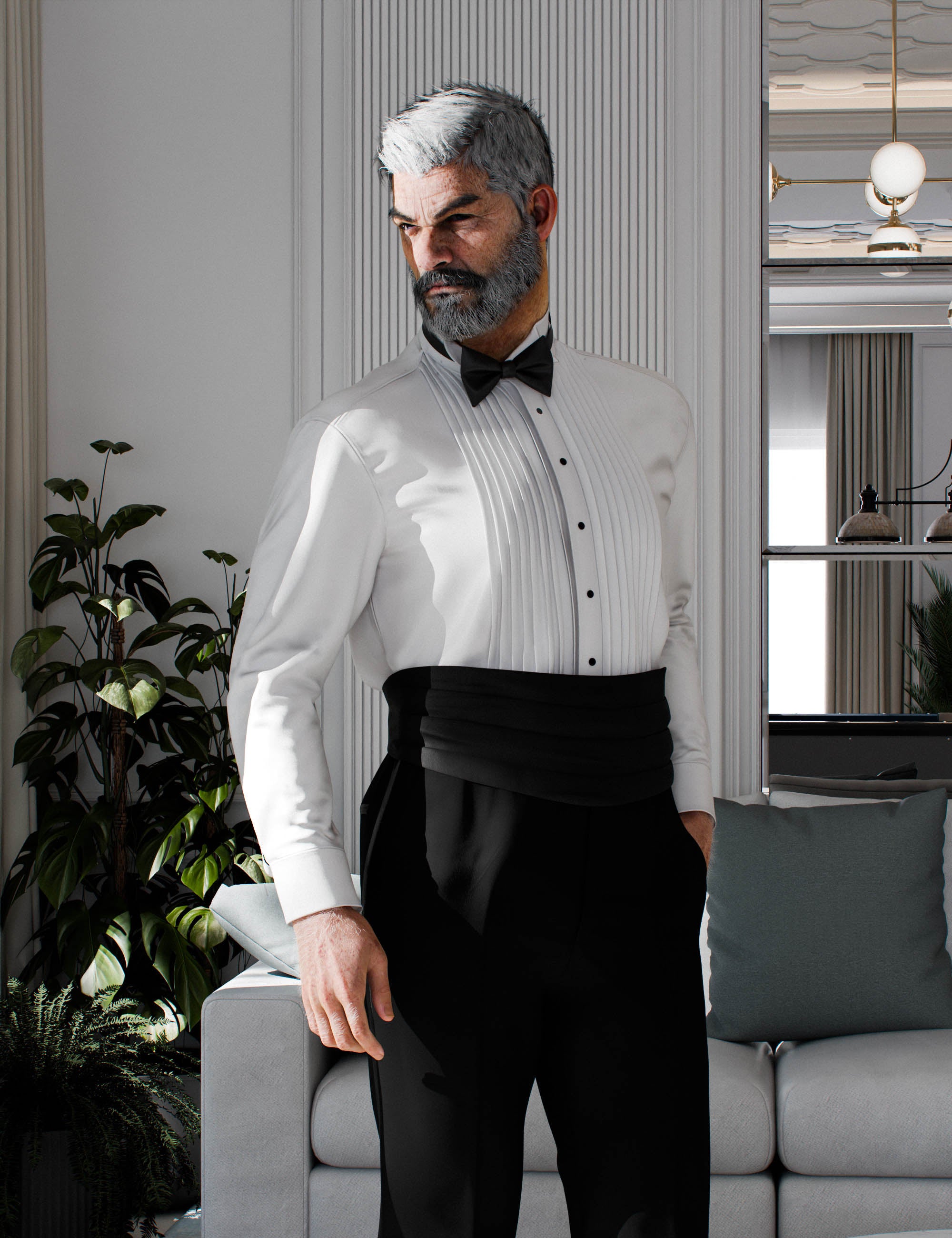 Genesis 9 male character wearing formal tuxedo shirt, black cummerbund, and black tuxedo pants in luxury interior
