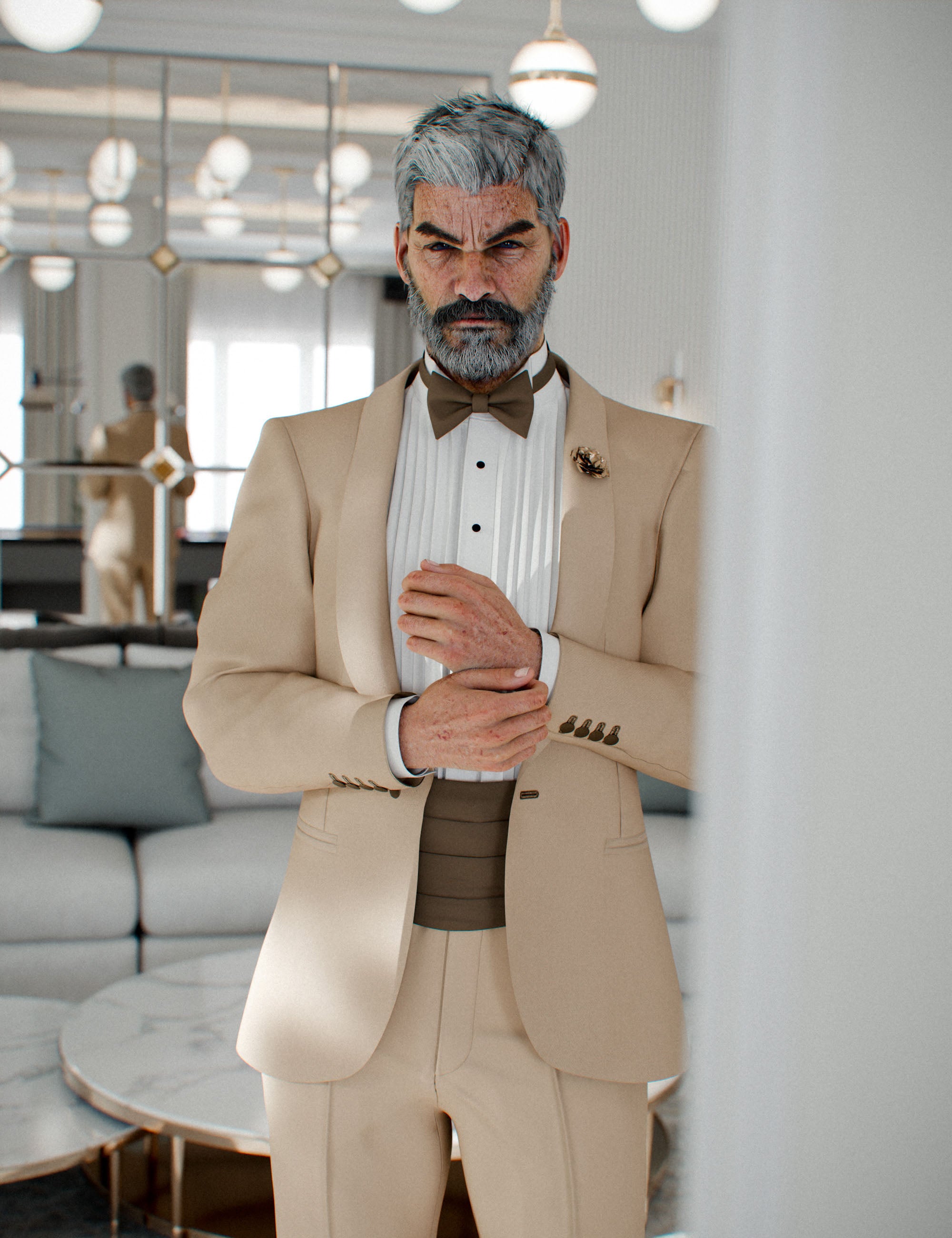 Genesis 9 male character wearing beige tuxedo suit with bow tie, cummerbund, and formal jacket in luxury interior