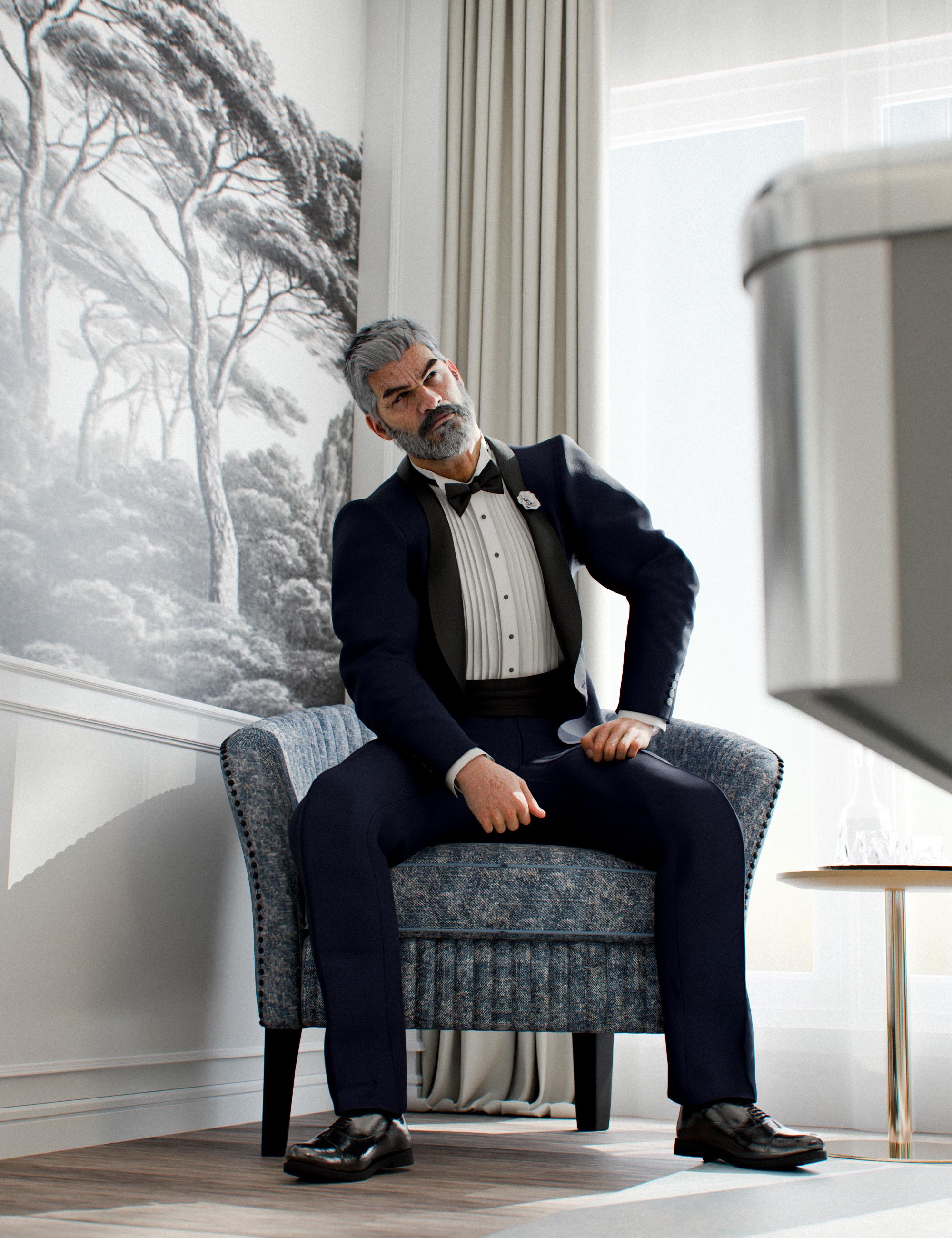 Genesis 9 male character seated in navy tuxedo with black lapels, bow tie, cummerbund, and formal shoes
