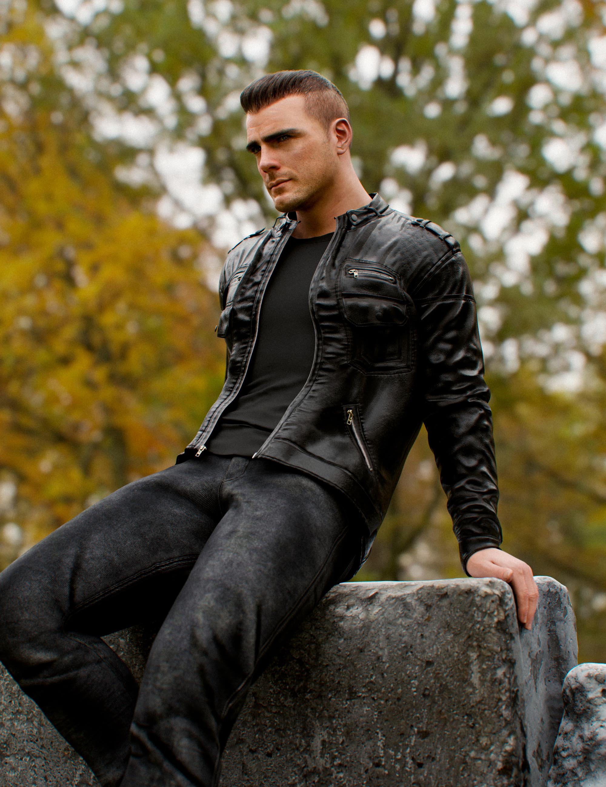 MI Leather Casual Outfit Genesis 8 Male - action pose outdoor scene DAZ Studio render 